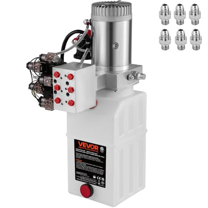 VEVOR Hydraulic Power Unit 6 Quart 6 Way Hydraulic Pump Double Acting Hydraulic Power Unit 12V DC Dump Trailer Car Remote with Plastic Oil Reservoir (Plastic, Double Acting)