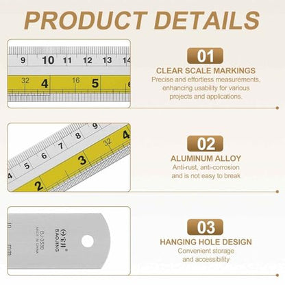 HARFINGTON 2pcs Metal Straight Ruler 30cm Metric SAE Aluminum Alloy Measuring Rulers Scale Tool with Hole for Measure Study Reading Classroom Office, Yellow - color: Yellow, size: 30cm