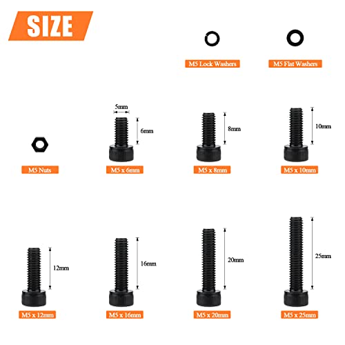 HELIFOUNER 240 Pieces M5 x 6mm /8mm /10mm /12mm /16mm /20mm /25mm, Hex Socket Head Cap Screws Bolts Washers Nuts Kit, 12.9 Grade Alloy Steel, Full Threaded, Black - size: M5, style: Socket Head