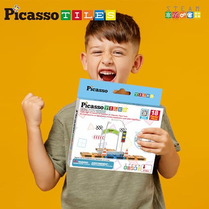 PicassoTiles Magnet Tile Compatible Building Race Track Kit Traffic Sign Accessory Stabilizers with Sticker Set STEM Educational Magnets Toddler Racecourse Structure Blocks Add On Ages 3+ PTR01 - color: 18 Pcs Traffic Sign