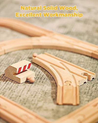 SainSmart Jr. Wooden Train Track 52 PCS, Track Expansion Compatible with All Major Brands Toddler Railway Toy Train Set Boys Train Set 3+