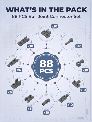 88 PCS Small Ball and Socket Joints Pieces Compatible with Lego Pieces, Drak Gray 10 Sizes Ball Joint Socket Connectors, Figure Limb Building Blocks Bulk, Universal Joint Axle MOC Parts - color: Darkgray