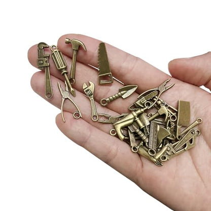 100 Pcs Bronze Color Tool Miniature Figurines Mini Tool Figurines Miniature Tools Including Hammers, Screwdrivers, and Wrenches for DIY Crafts
