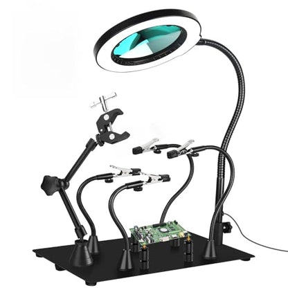 Drdefi Magnetic Helping Hands Soldering Station 12X Magnifying Lamp Third Hand Jewelry Tool, 360° Hot Air Gun Holder, Hands Free Magnifier Weighted Base with 4 Magnetic Pillar for Electronic Hobby - size: Large Base+Soldering Clamp