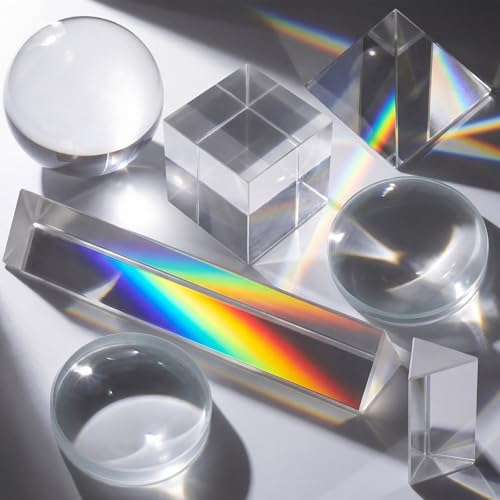 7-Piece Premium Optical Prism & Lens Kit with Gift Box - Large Triangular Prism, Crystal Ball, Cube, Pyramid, Concave & Convex Lenses for Creative Photography