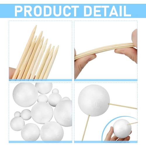 24PCS Solar System Model Foam Ball Project Kit, Planet Model Crafts Includes 14 Sized Polystyrene Spheres Balls, 9.5" Bamboo Sticks for School Science Projects