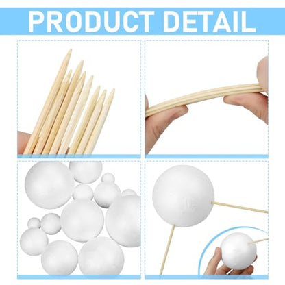 24PCS Solar System Model Foam Ball Project Kit, Planet Model Crafts Includes 14 Sized Polystyrene Spheres Balls, 9.5" Bamboo Sticks for School Science Projects