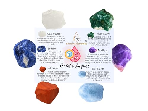 Amazing Gemstone Crystals for Diabetes Support, Set of 6 Moss Agate, Blue Calcite, Sodalite, Clear Quartz, Red Jasper and Amethyst Healing Crystals and Stones - color: Diabetes Support