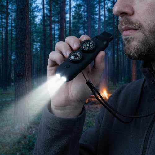 7-in-1 Emergency Survival Safety Whistle with Compass & Thermometer, High-Strength ABS Kids Whistle for Hiking, Camping, Boating, Kayaking, Loud Survival Gear with Lanyard & LED Signal Light