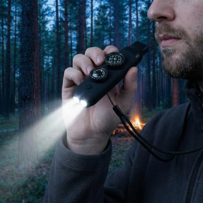 7-in-1 Emergency Survival Safety Whistle with Compass & Thermometer, High-Strength ABS Kids Whistle for Hiking, Camping, Boating, Kayaking, Loud Survival Gear with Lanyard & LED Signal Light