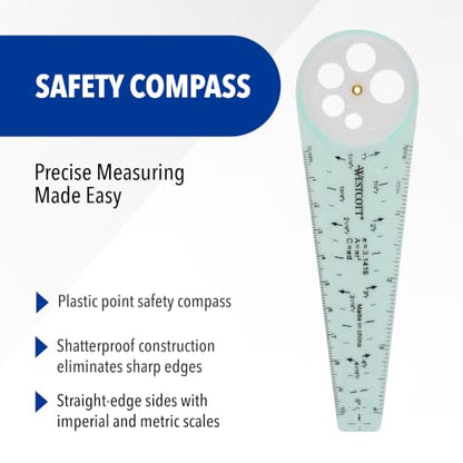 Westcott 00516 Safety Compass for Geometry, Drafting, Classrooms, Crafters and Artists, Shatterproof, Translucent Drawing Compass Creates Perfect Circles from 1/4-Inch to 10 Inches - size: Safety Compass