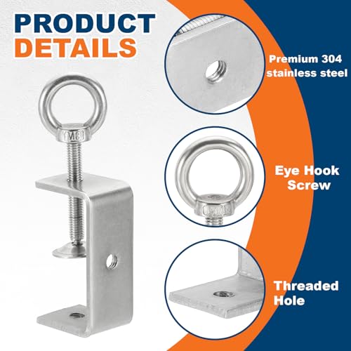 HARFINGTON 2 Pcs 304 Stainless Steel C Clamps 65mm Square Mini Tiger Clamp Adjustable Heavy Duty Metal U Clip with Eye Hook Screw for Woodworking Welding Mounting, Silver - size: 65mm