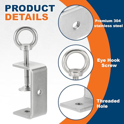 HARFINGTON 2 Pcs 304 Stainless Steel C Clamps 65mm Square Mini Tiger Clamp Adjustable Heavy Duty Metal U Clip with Eye Hook Screw for Woodworking Welding Mounting, Silver - size: 65mm