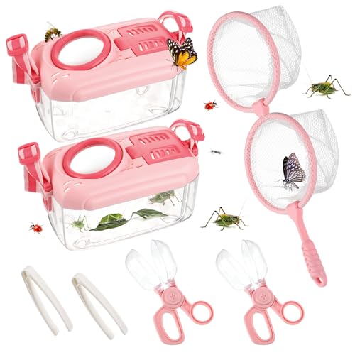 2 Sets Bug Catcher for Kids, Bug Catching Kit Gifts with Butterfly Net Toys - color: Pink