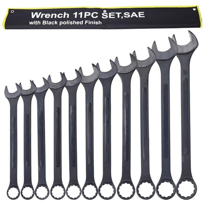 Jumbo Combination Wrench Set, SAE 1-5/16 Inches to 2 Inches, 11-Piece Open-End Wrench Set, Black Oxide Finish, Rolling Pouch - color: Sae - 11 Piece