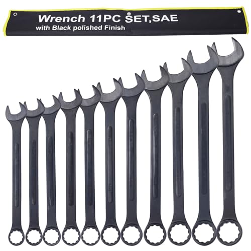 Jumbo Combination Wrench Set, SAE 1-5/16 Inches to 2 Inches, 11-Piece Open-End Wrench Set, Black Oxide Finish, Rolling Pouch - color: Sae - 11 Piece