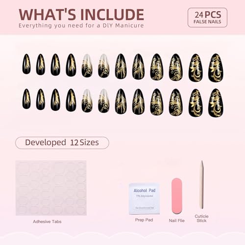 24Pcs Press on Nails Almond Medium Fake Nails with Gold Designs False Nails Whhite Glitter Stick on Nail Black Sparkly Glue on Nails Cute Full Cover Artificial Nail for Women - color: Style03