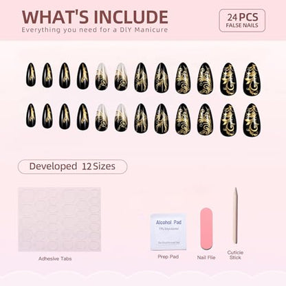 24Pcs Press on Nails Almond Medium Fake Nails with Gold Designs False Nails Whhite Glitter Stick on Nail Black Sparkly Glue on Nails Cute Full Cover Artificial Nail for Women - color: Style03