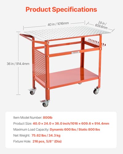 VEVOR Welding Table, 40" x 24" Welding Workbench Table with 800LBS Static Weight Capacity, Movable Steel Work Bench with 4 Wheels (2 with Brake), Double-Layer Storage Board and 5/8-inch Fixture Holes - size: 40.0 x 24.0 x 36.0 inch