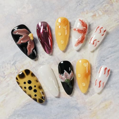 Tesytto 3D Flower Press on Nails Almond - Handmade Multicolor Design with Dewy Water Droplets, Luxury Salon Quality Reusable Fake Nails (Bold Bloom & Dot Glam, S) - color: Bold Bloom & Dot Glam, size: S