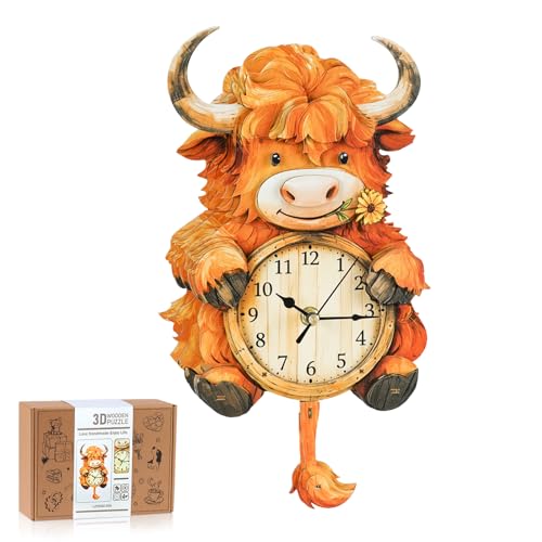3D Puzzles for Adults-Wooden Highland Cow Clock Puzzle DIY Clock Model Kit
