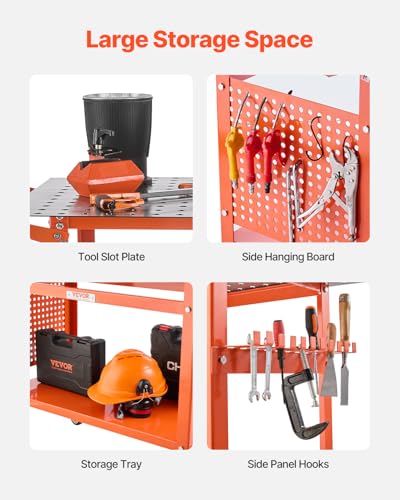 VEVOR Welding Table, 40" x 24" Welding Workbench Table with 800LBS Static Weight Capacity, Movable Steel Work Bench with 4 Wheels (2 with Brake), Double-Layer Storage Board and 5/8-inch Fixture Holes - size: 40.0 x 24.0 x 36.0 inch