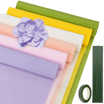 RAINFLOW 27PCS Crepe Paper Roll Kit - 6 Rolls with Floral Tape and Wire