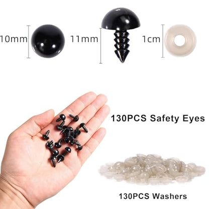 Vanblue Safety Eyes 260PCS 10mm Plastic Black Craft Eyes Teddy Bear Eyes with Washers for Amigurumi Stuffed Animals Crochet Toys Crafts Making Halloween Decorations - size: 10mm