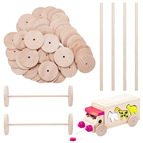 OLYCRAFT 52pcs Wooden Craft Wheels with 26pcs Wooden Sticks 2 Inch Diameter Unfinshed Wood Wheel Sticks Set Small Wood Wheels Flat Craft Wheels for DIY Crafts Painting - size: 2 inch x 0.24 inch