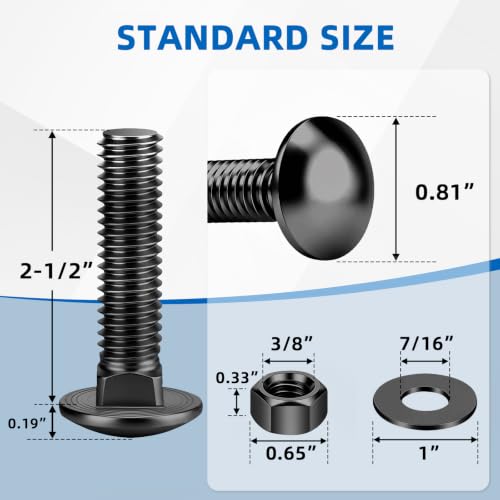 Mellewell 3/8-16 x 2-1/2" Carriage Bolt Kit, Carriage Bolts with Nuts and Washers, Round Head Square Neck, 304 Stainless Steel, Full Thread, Black Finish, 4 Sets - color: Black, size: 3/8-16 x 2-1/2"
