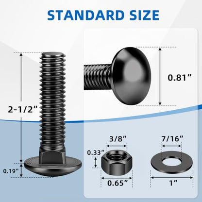 Mellewell 3/8-16 x 2-1/2" Carriage Bolt Kit, Carriage Bolts with Nuts and Washers, Round Head Square Neck, 304 Stainless Steel, Full Thread, Black Finish, 4 Sets - color: Black, size: 3/8-16 x 2-1/2"