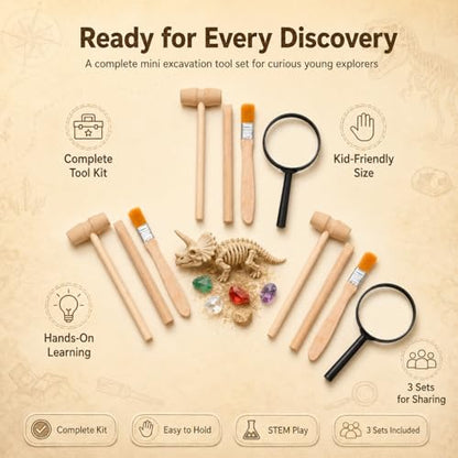 Homoyoyo Archaeology Kit for Kids Dinosaur Digging Kit with 3 Wooden Hammers 3 Wooden Chisels 3 Wood Brushes and 3 Magnifiers Educational Digging Tools for Science Learning and Hands on Play