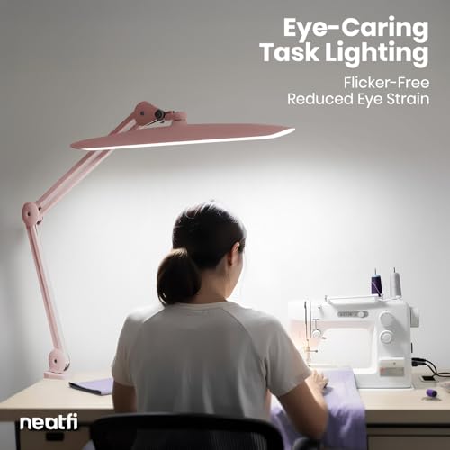 Neatfi XL 2200 Lumens 24W LED Desk Lamp – Shadow-Free Task Lighting | 4-Level Dimming | Home Office & Crafts Use | 20-Inch Wide Head (Rose Gold, Non-CCT with Clamp) - color: Rose Gold, size: Non-CCT with Clamp