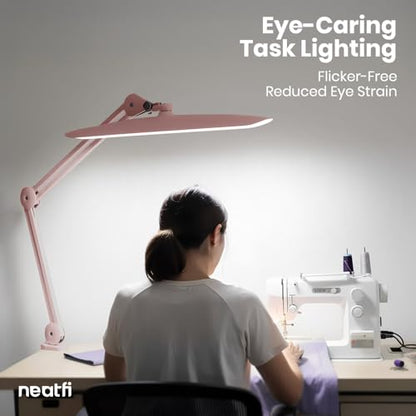 Neatfi XL 2200 Lumens 24W LED Desk Lamp – Shadow-Free Task Lighting | 4-Level Dimming | Home Office & Crafts Use | 20-Inch Wide Head (Rose Gold, Non-CCT with Clamp) - color: Rose Gold, size: Non-CCT with Clamp