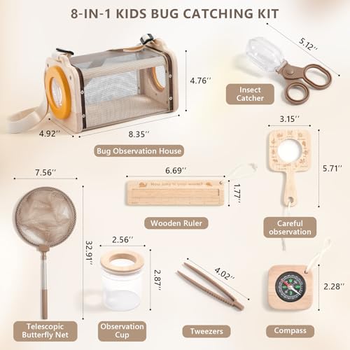 Montessori Wooden Bug Catcher Kit for Kids - 8-in-1 Outdoor Explorer Set with Habitat, Net & Magnifying Glass STEM Learning Toys for Ages 3-8 Nature Gift for Boys & Girls