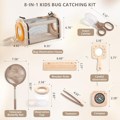 Montessori Wooden Bug Catcher Kit for Kids - 8-in-1 Outdoor Explorer Set with Habitat, Net & Magnifying Glass STEM Learning Toys for Ages 3-8 Nature Gift for Boys & Girls