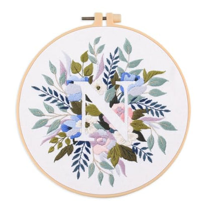 IUHUI Embroidery Kit for Beginners Adults - 26 Floral Letters Easy Patterns, DIY Hand Stitching Embroidery Set with Hoop (Flower and Grass Letter N) - color: Flower and Grass Letter N