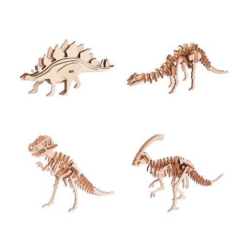 3D Wooden Puzzles for Kids Ages 8+, 4 Pack Dinosaur Puzzles, FSC-Certified Wood, Plastic-Free, STEM Kit for Kids Teens Adults, Wood Craft Model Kit, Individually Wrapped Party Favors - Jurassic Frens - color: Jurassic Frens