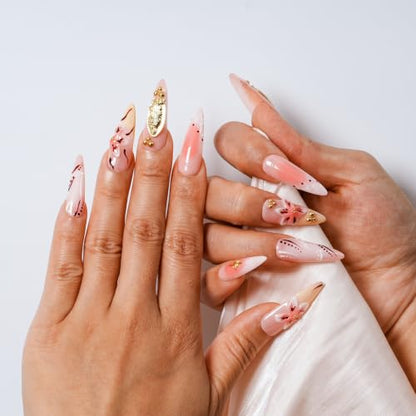 Handmade Press on Nails Long Stiletto - Virgin Mary 3D Gold Charm Pink Ombre Lily Flower Fake Nails, Reusable Acrylic Nail Art Kit for Women, 10Pcs (Blush Gilded Gold,M) - color: Blush Gilded Gold, size: M