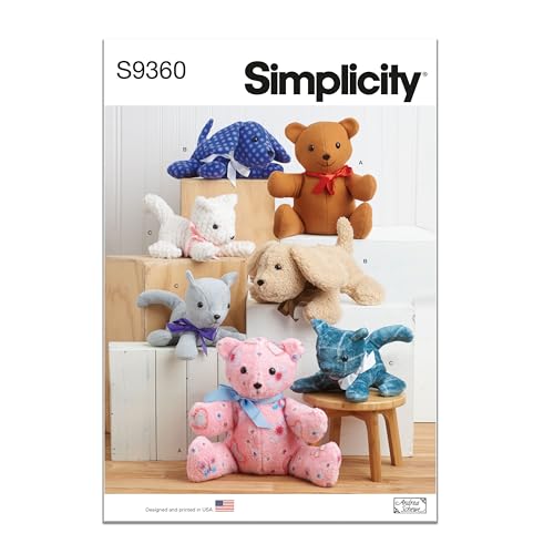Simplicity S9360 Plush Bear, Puppy & Kitty Sewing Pattern, Stuffed Animal Toys, One Size