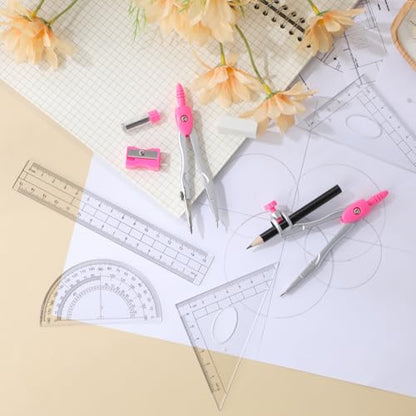 Zonon 10 Pcs Math Geometry Set for Student Compass Protractor, Pink - color: Pink