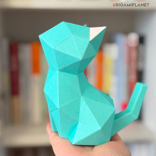 3D Origami Paper Craft Kit, Moonlit Kitten Cute DIY Pre-Cut Animal Papercraft Model for Beginners, Fun Handmade Home Decoration Gift for Adults & Teens-Green