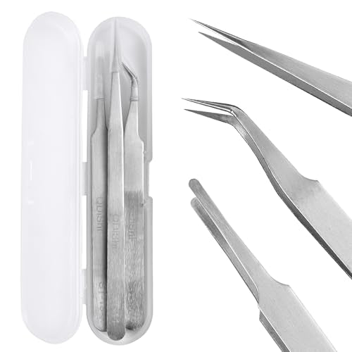 QDiShi Precision Tweezers Set,Upgraded Stainless Steel of Tweezers - Extra Fine,Angled,Blunt Tips for Electronics,Hobby, Industrial,Laboratory Work,Jewelry-Making,Model,Craft（3Pcs）