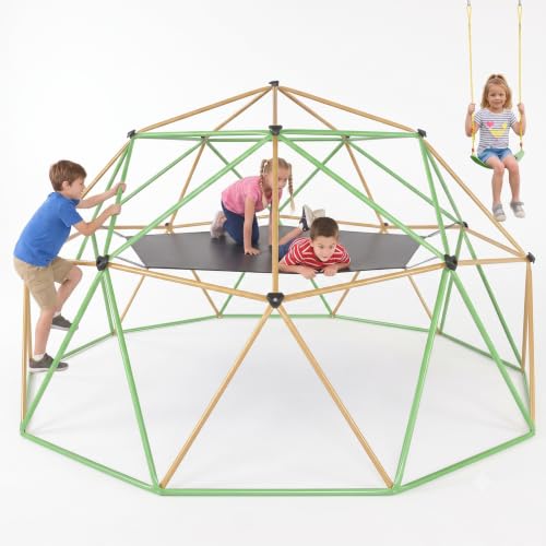 jumpfly 13FT Climbing Dome with Hammock and Swing, 6.9FT Extra Tall Jungle Gym for Backyard, Heavy Duty Dome Climber with Anti-Slip Textured Steel & 16 Grips, Outdoor Playset for Kids - color: Brown/Green