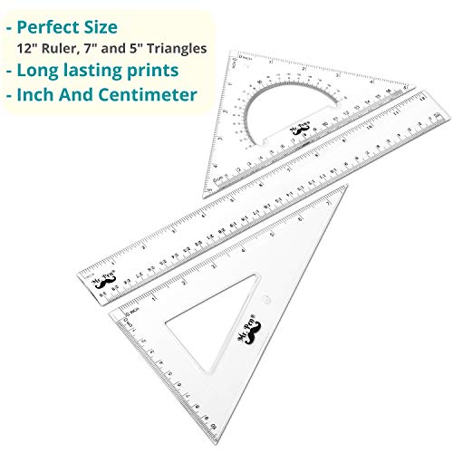Mr. Pen Triangle Ruler, Protractor, Math Set - 3 Pack, Square Ruler - size: 12" Ruler, Triangle Ruler 7"&5"