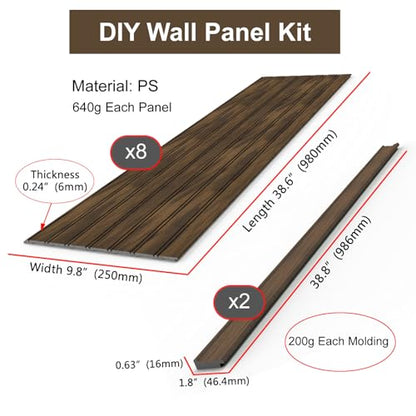 Wall Wainscoting Panel Kit,8-Pack 38.6"x9.8"(98x25cm) Slat Panels with 2-Pack Molding Trims,Beadboard Board and Batten Panels,DIY Wall Panel Kit - Cover 21.6 Sq.Ft (Walnut) - color: Walnut