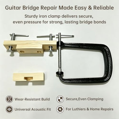 Acoustic Guitar Bridge Clamp, C-Shape Sturdy Iron Repair Tool with Wooden Fixture, Universal Folk Guitar Bridge Home/Professional Luthier Tool for Guitar Bridge Installation & Maintenance