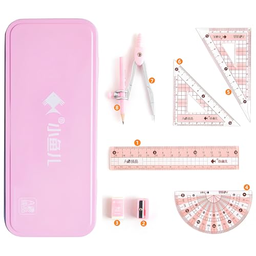 8 Pcs Compass/Math Set for Students with Shatterproof Storage Box, Geometry Set for School, Includes Ruler, Protractor, Compass, Pencil,Pencil Sharpener and Eraser,etc. Perfect Gift (Pink)