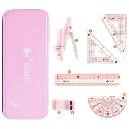 8 Pcs Compass/Math Set for Students with Shatterproof Storage Box, Geometry Set for School, Includes Ruler, Protractor, Compass, Pencil,Pencil Sharpener and Eraser,etc. Perfect Gift (Pink)