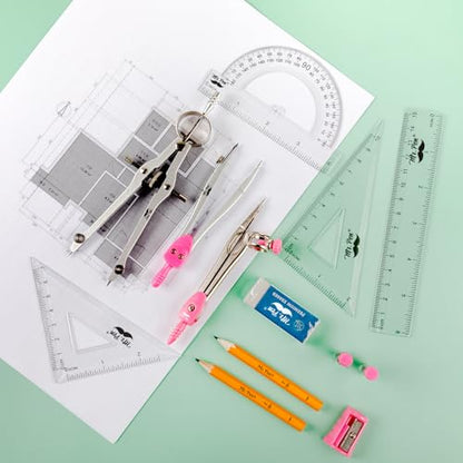 Mr. Pen- Geometry Set, 13 pcs, 3 Metal Compasses, Protractor, 6" Ruler - color: Pink